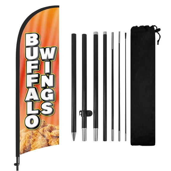 QSUM Buffalo Wings Feather Flag,7FT Restaurant Advertising Swooper Flag, Vivid Color and Fade Proof Food Promotion Businesses Signs