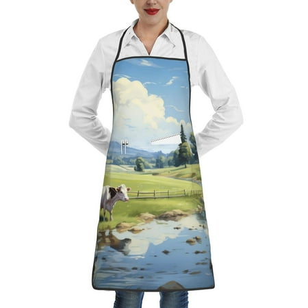 

Yiaed Pasture Cow Print Kitchen Apron with Hand Wipe Pockets Big Pocket Aprons for Women with Pockets Waterproof for Cooking Baking