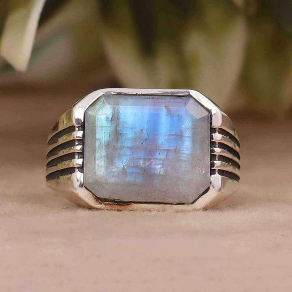 HARSHITA JEWELLERY Rainbow Moonstone Men's Signet Ring, 925 Sterling Silver, Handmade Father's Day Gift for Him