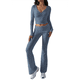 thumbnail image 3 of Conjunto Deportivo de 2 Piezas para Mujer, Camiseta de Larga, Pantalones Acampanados con Solapa, Chándal Informal, Gris y Azul Talla M, 3 of 8