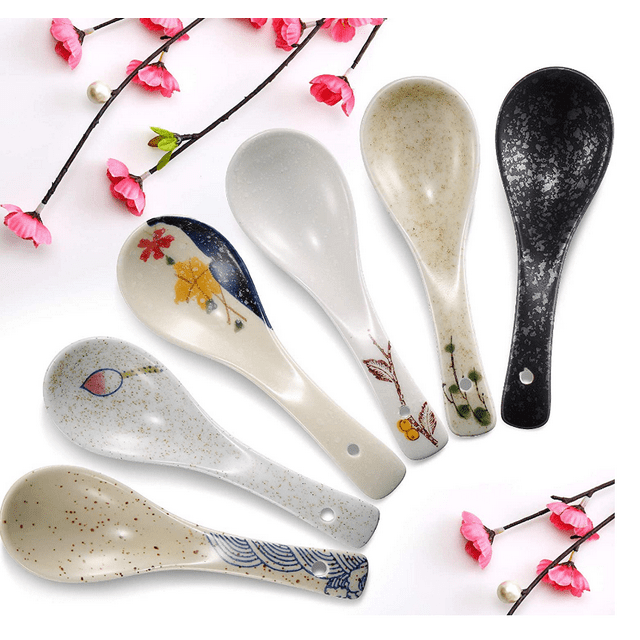 6 PCS Japanese Retro Soup Spoons Ceramics Soup Spoons Japanese Style Rice Spoon Flatware Asian Chinese Serving Spoons Appetizers Tableware Meal Partner for Tasting, Style 11