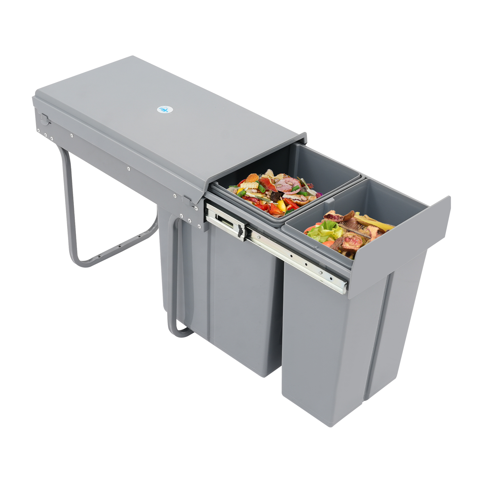 Grey Pull Out Trash Can Under Cabinet with Lid, 10L+20L(2.64+5.28Gal) Dual Bin Kitchen Garbage Can, Hidden Under Sink Trash Can with Ordinary Rail