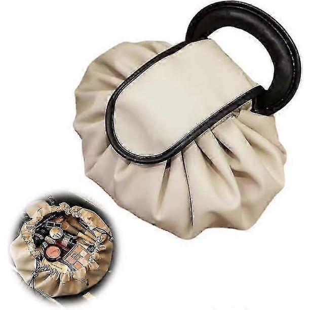 26-27 Travel Drawstring Makeup Bag, Waterproof Pu Makeup Pouch, Large Magic Cosmetics Pouch For Women, Flat Lay Makeup Storage Bags