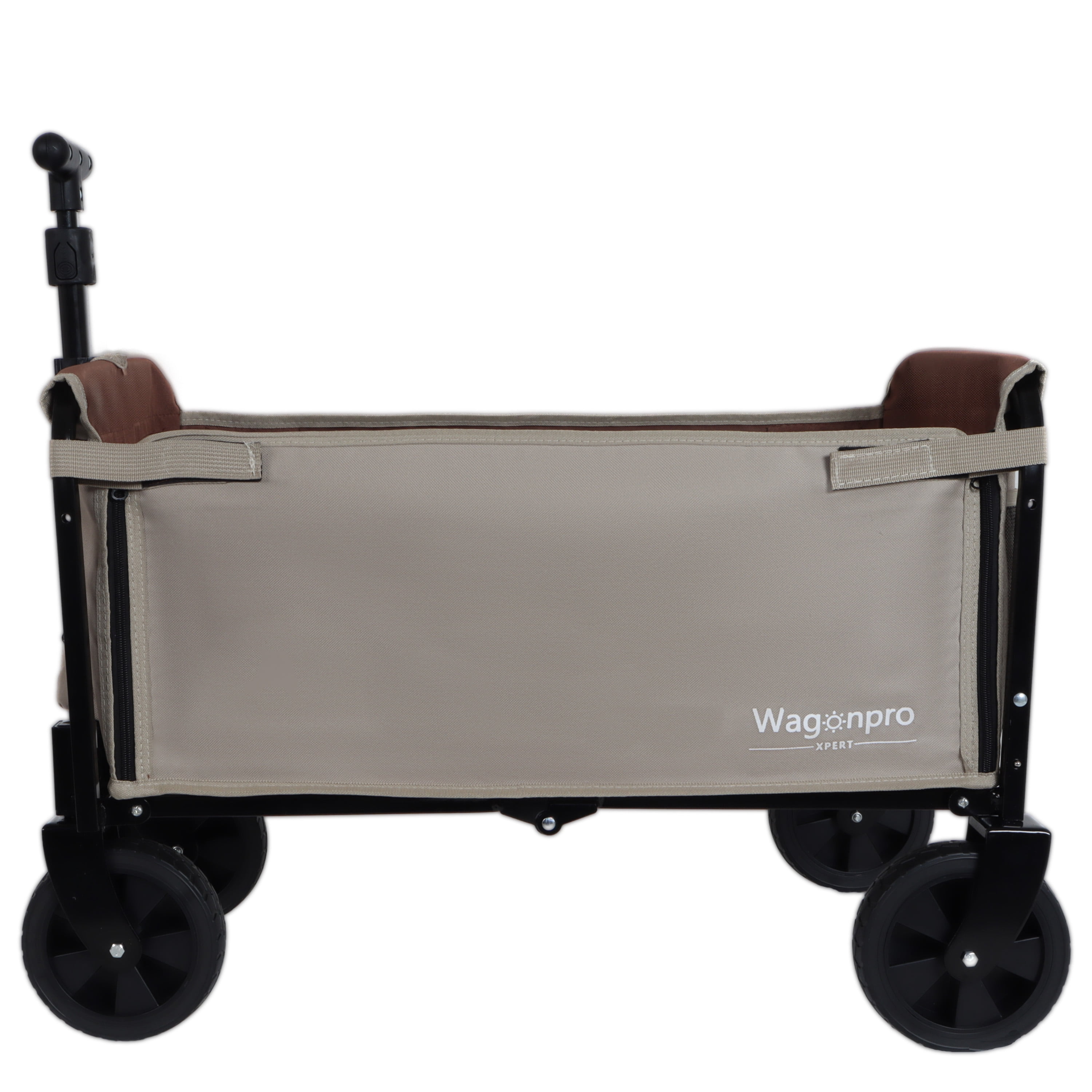 All-in-One Convertible Folding Camping Wagon Cart, Bench Seat, Storage Compartment & Included Dog Tether, Beige/Brown