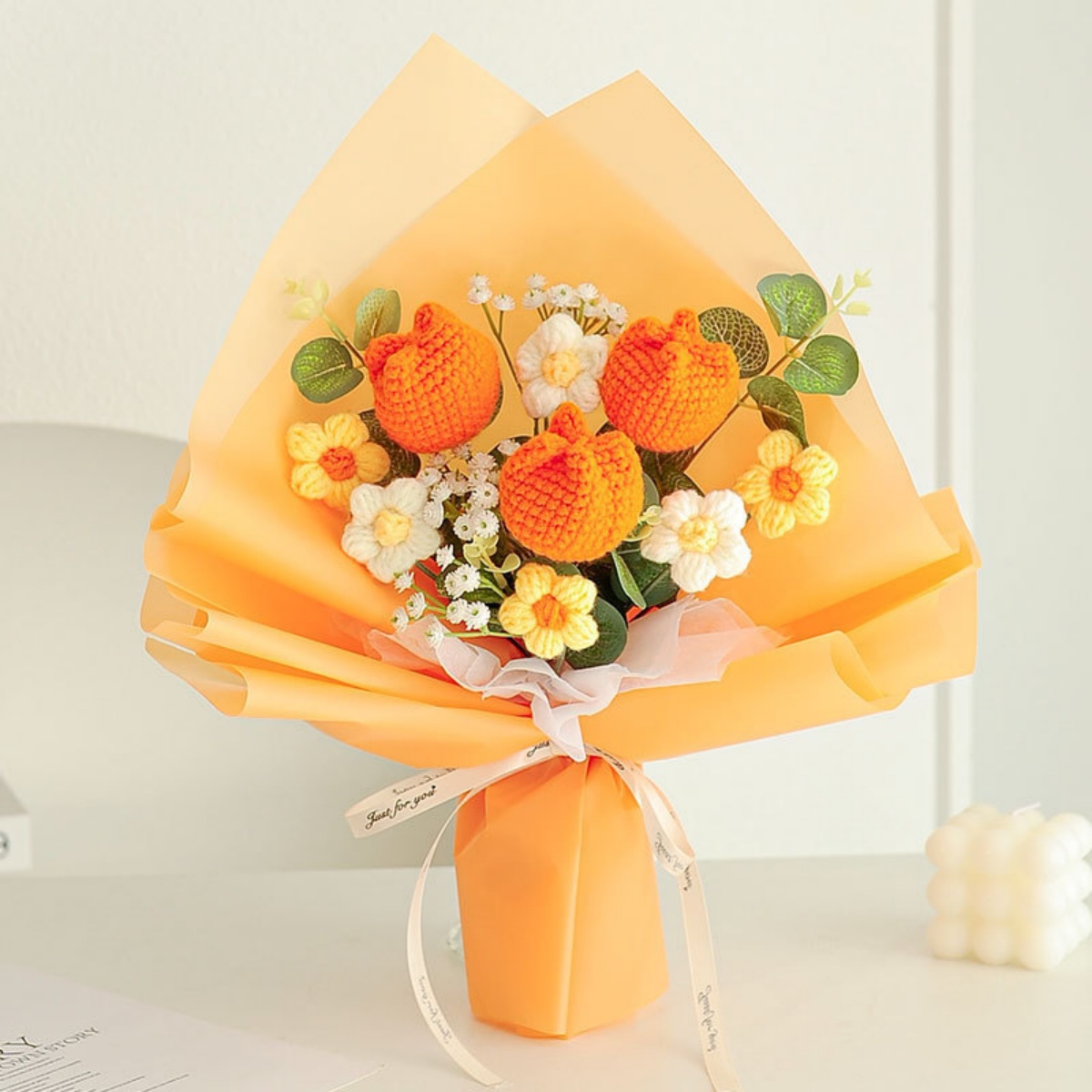 Crochet Flowers Bouquet, Kvago 13.78in Completed Handmade Knitted Flowers, Artificial Flower Knitted Tulips Bouquet for Festival Wedding Graduation Anniversary Mother's Day Women Gift (Orange)