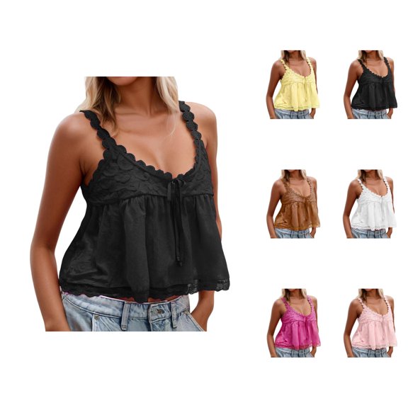 Peplum Tank Tops for Women Y2k Bow Center U Neck Lace Trim Ruffle Flowy Loose Crop Sleeveless Shirt Summer Outfits