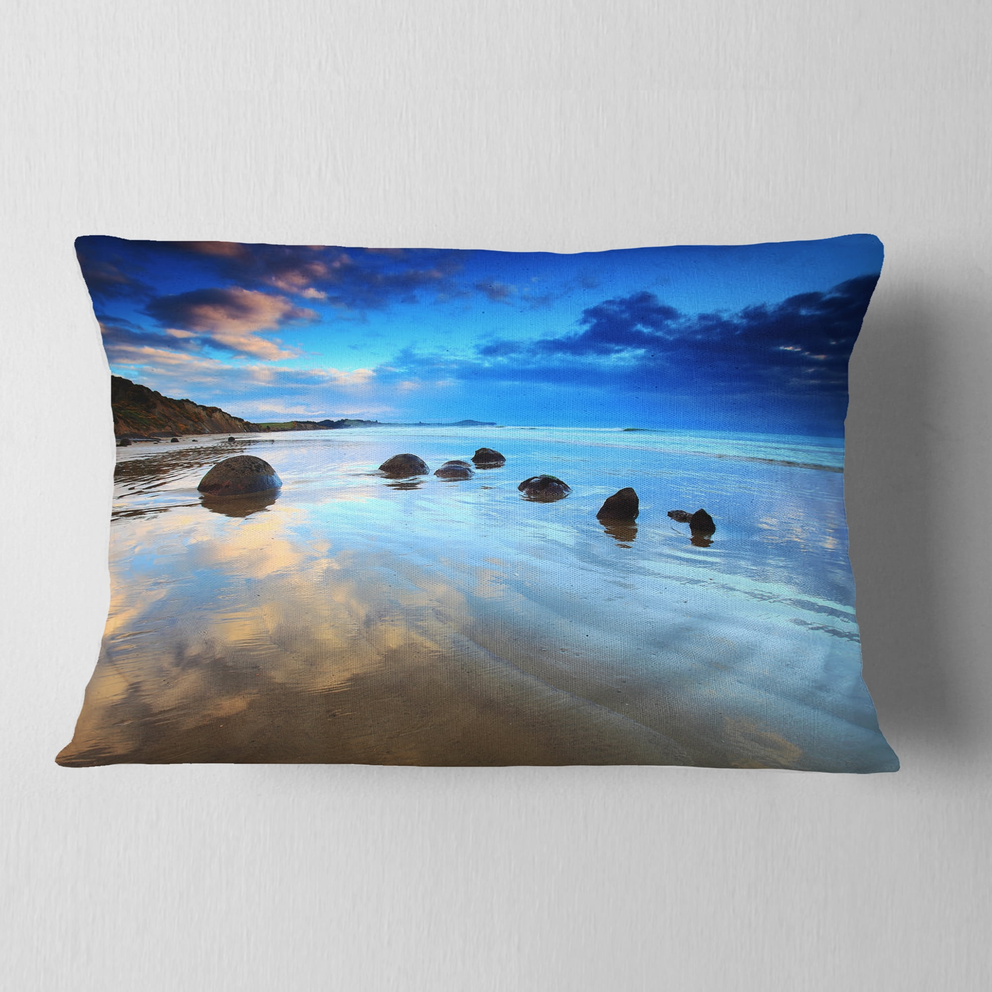 Designart Cloudy Sky Over Moeraki Boulders - Seashore Photo Throw Pillow - 12x20