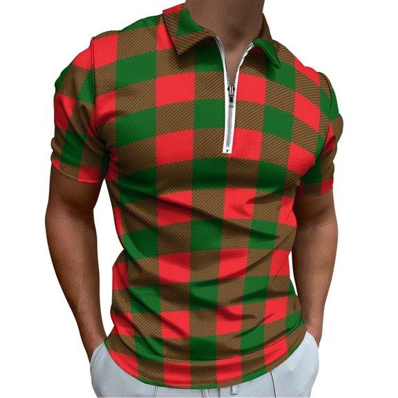 Christmas Red And Green Plaid Men Zipper T-shirt Summer Casual Short Sleeve T-shirt Top