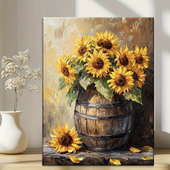 [Sunflower Art Print] Vibrant Sunflower Canvas Art Print, Rustic Wooden Barrel | Abstract Floral Wall Art, Yellow Flower Home Decor, Modern Indoor Decoration for Office, Hallway, Living Room, Bedroom