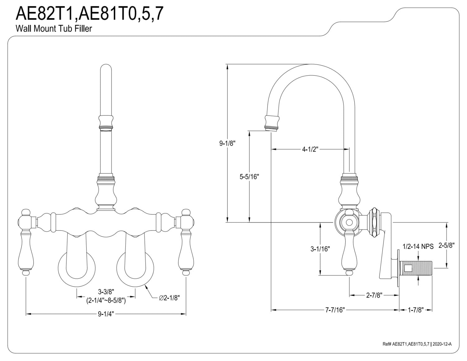 Kingston Brass AE82T1 Aqua Vintage Adjustable Center Wall Mount Tub Faucet, Polished Chrome