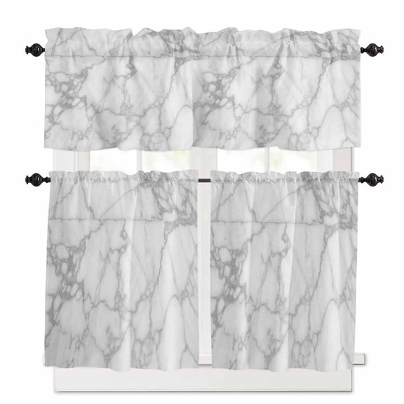 White Gray Kitchen Curtains Valances and Tiers Set of 3, 24 Inch Length Tier Curtains and Valance Rod Pocket Valance Curtains Set for Kitchen Bathroom Small Windows
