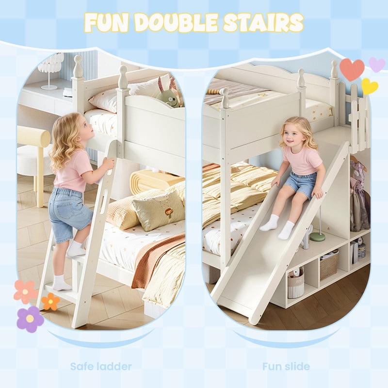 Full-Over-Full Size Kids Bunk Bed with Open Storage Shelves & Small Wardrobe, Wooden Princess Bed Frame with Ladder & Slide