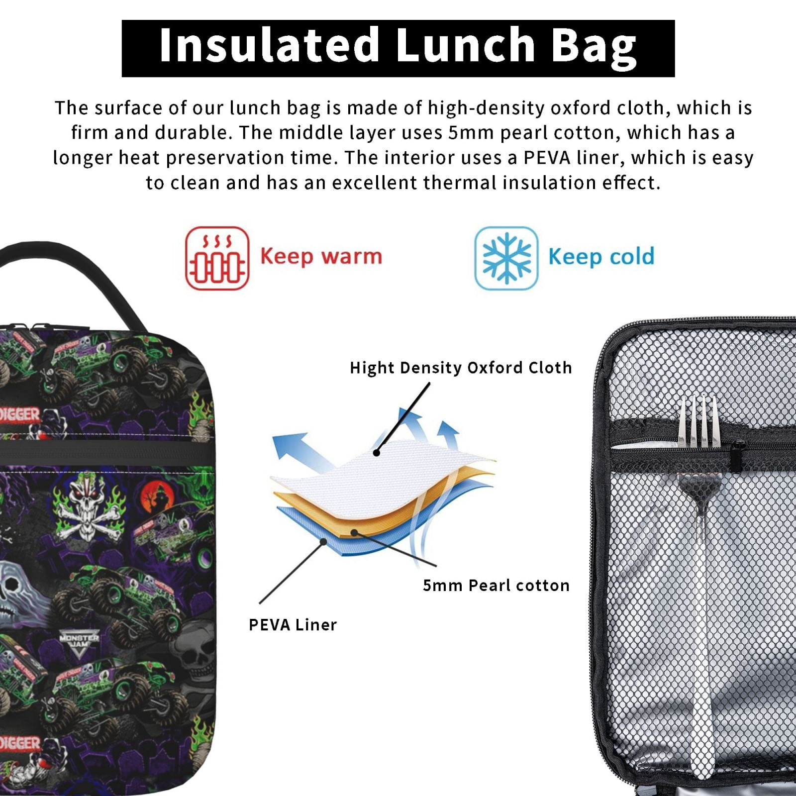 Insulation Portable Lunch Bag, Monster Truck Jam Thermal Container with Adjustable Shoulder Strap