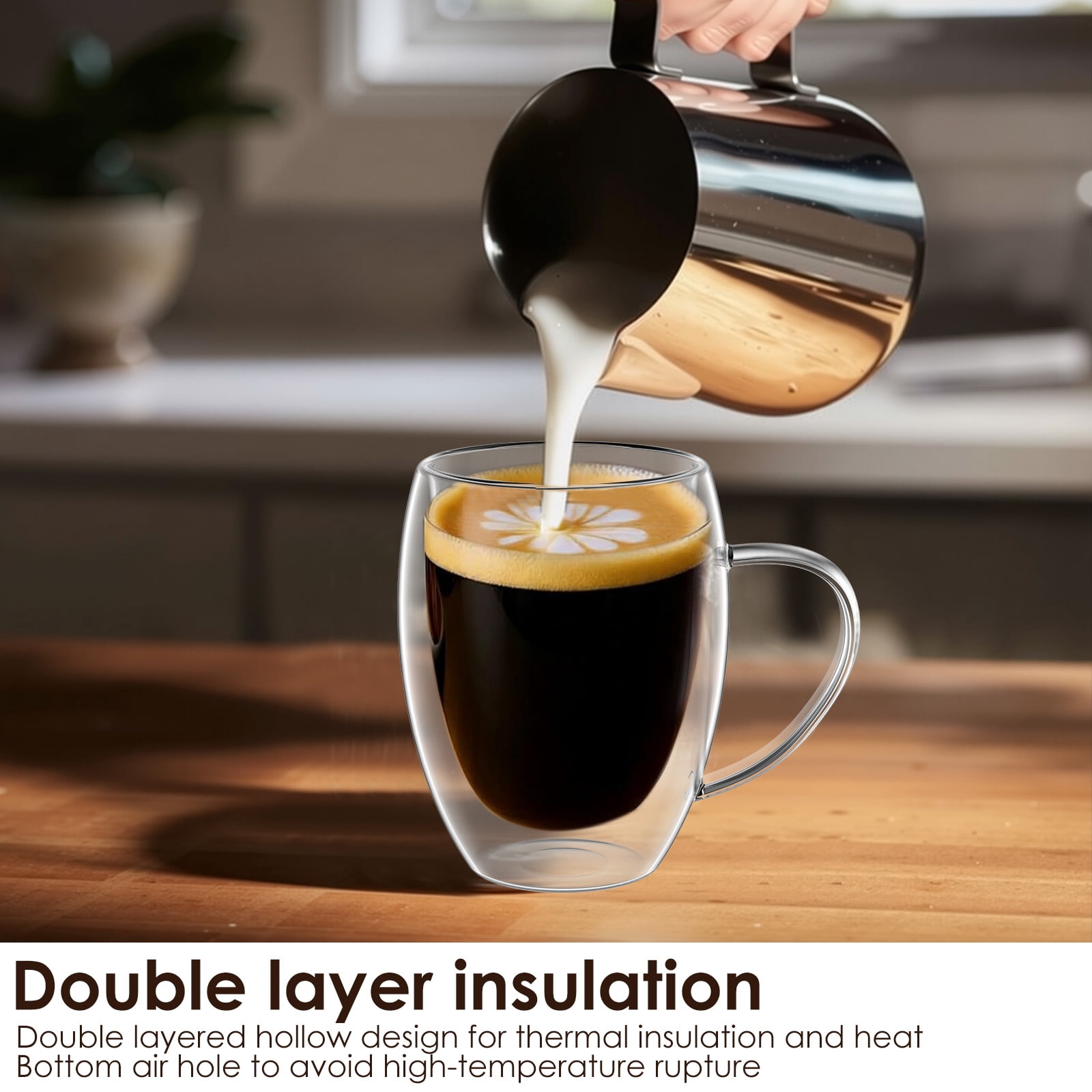 FUYGRCJ 4 Pack Glass Coffee Mug, 12oz Clear Glass Coffee Cup with Handle Set of 4, 350ml Double Wall Insulated Mug Tea Latte Espresso Cups for Latte Cappuccino Juice Tea Milk