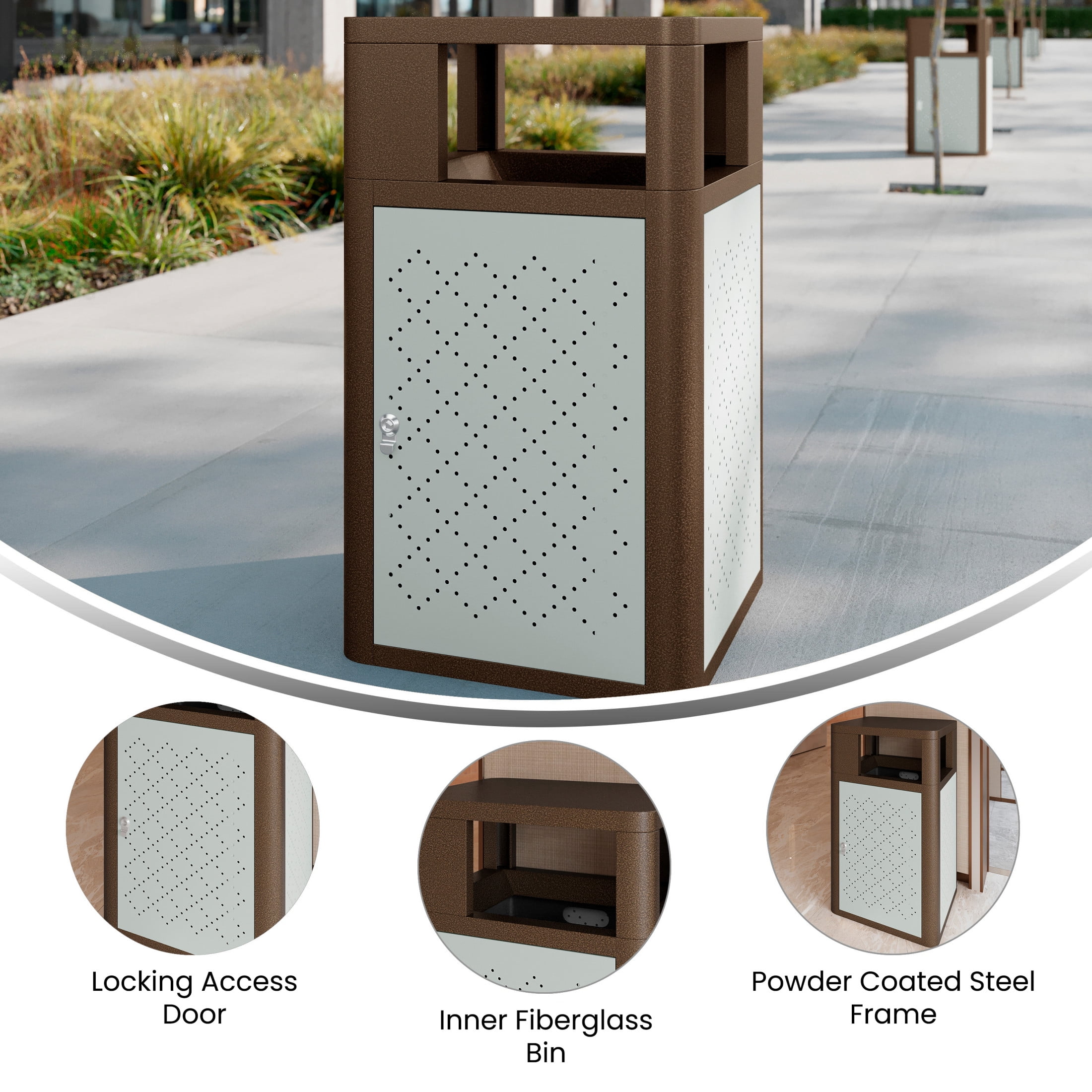 Flash Furniture Brooks Steel Indoor-Outdoor Trash Can with Locking Access Door 31.4 Gallon