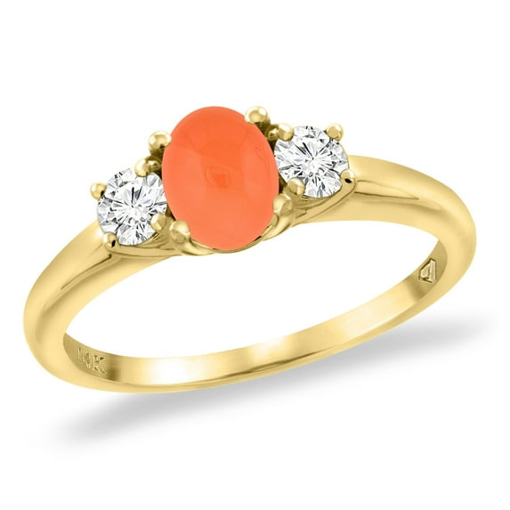 14K Yellow Gold Natural Orange Moonstone Engagement Ring Diamond Accents Oval 7x5 mm, size 5