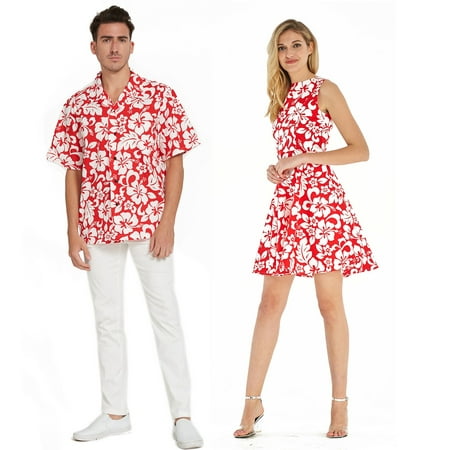 Motorcycle Hawaiian Shirt - Couple Matching Hawaiian Luau Cruise Outfit Shirt Vintage Fit and Flare Dress Classic Vintage Hibiscus Red Men 2XL Women L