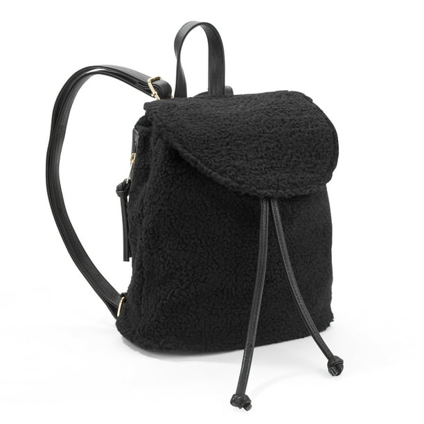 No Boundaries Black Shearling Mini Drawstring Backpack
