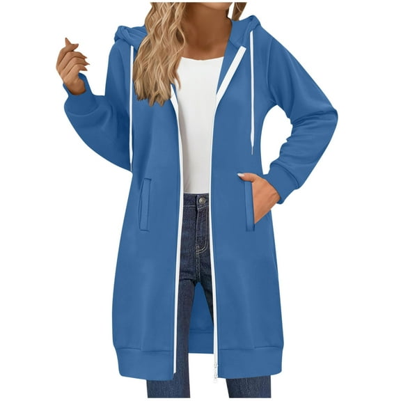 aohooy Women'sHoodies with Zipper Casual Long Sleeve Fall Winter Tunic Sweatshirts Oversized Solid Outwear Long Hoodie Jacket Coat with Pocket Blue,XXL
