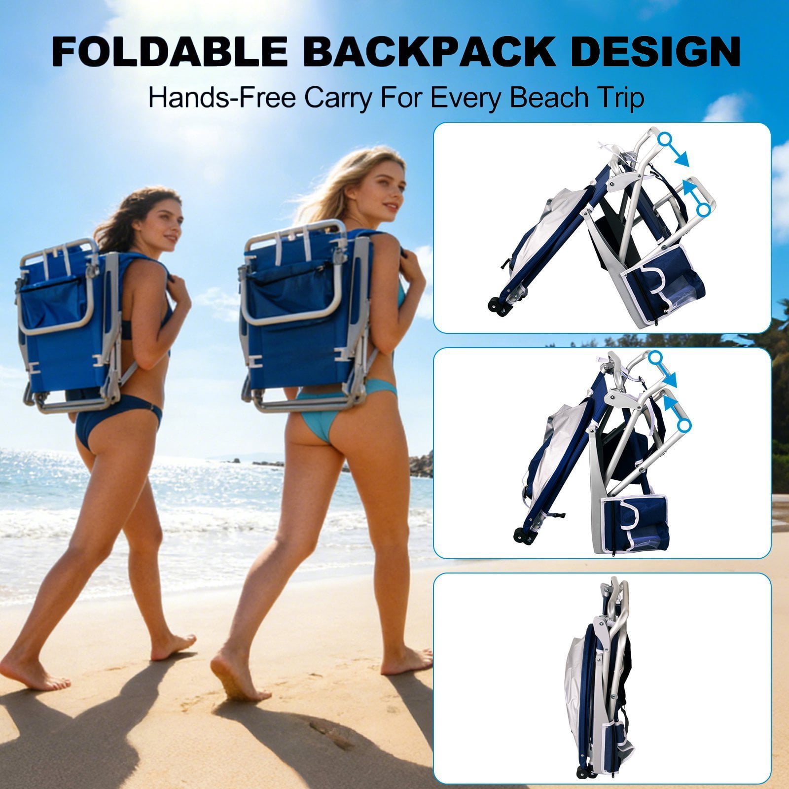 SUNSPIRE Beach Chair Canopy Adjustable Shade, 5-Position Lay Flat Aluminum Folding Chair Detachable Umbrella with Cooler Bag Cup Phone Holder