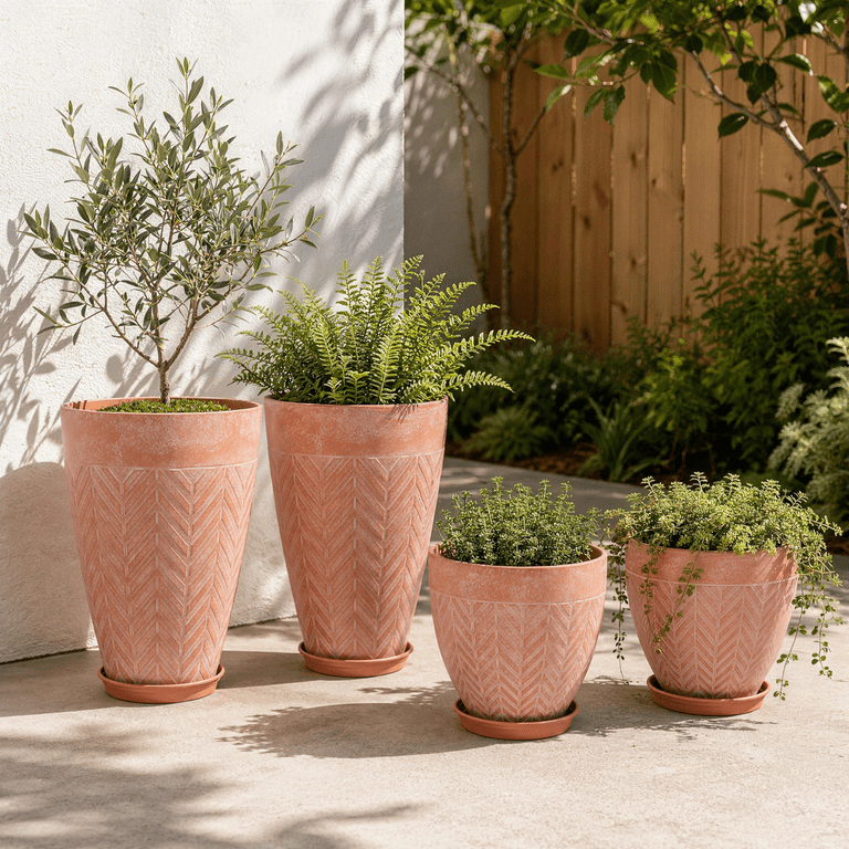 4-Piece Faux Terracotta Tall Planters With Herringbone Texture photo 5