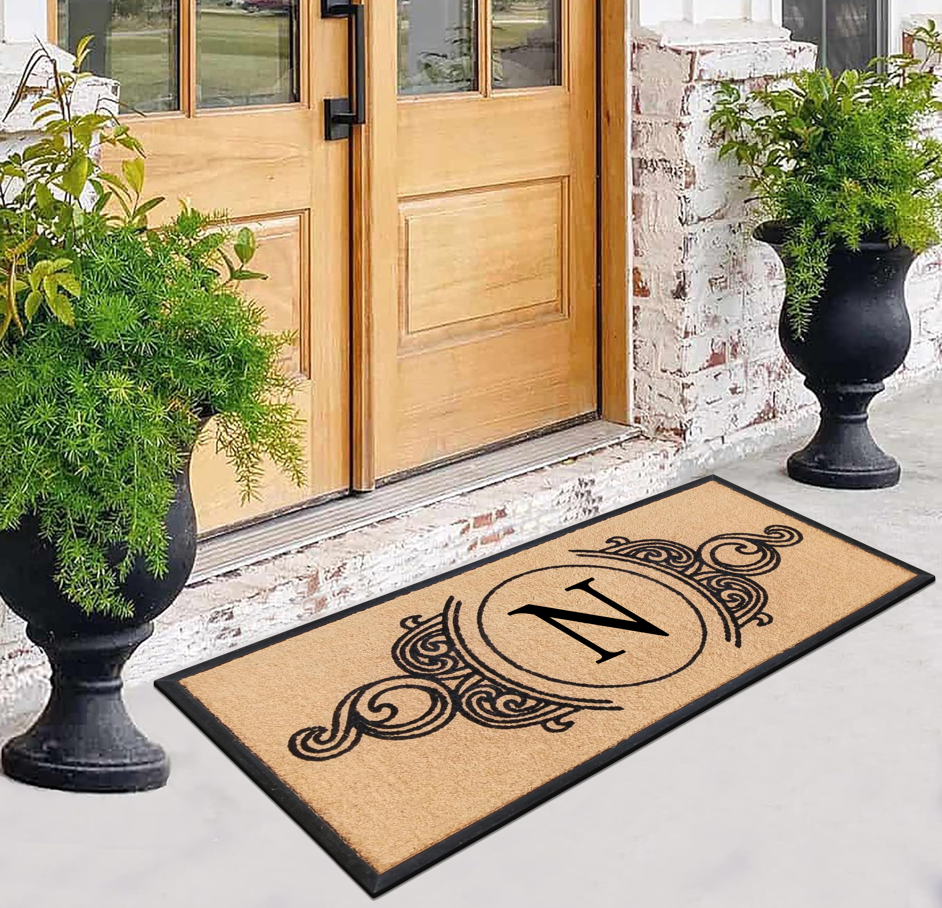 A1HC 30"x60" Natural Coir & Rubber Floral Monogrammed Door Mat, Thick Durable Heavy Duty Welcome Mat for Front Door