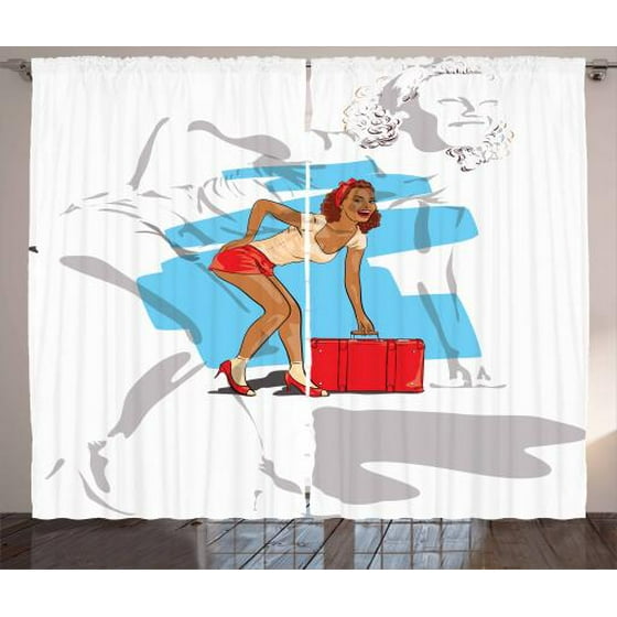 Vintage Woman Curtains 2 Panels Set Y Doing A Feminine Vintage Woman Curtains 2 Panels Set Y Doing A Feminine Pose With Travel Suitcase For Summer Holiday Window Ds Living Room Bedroom