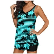 ZQGJB Tropical Swimsuit for Women Plus Size Palm Tree Striped Print Strappy Flowy Tankini Tops with Tummy Control Boyshorts Bathing Suit(L,19.49)