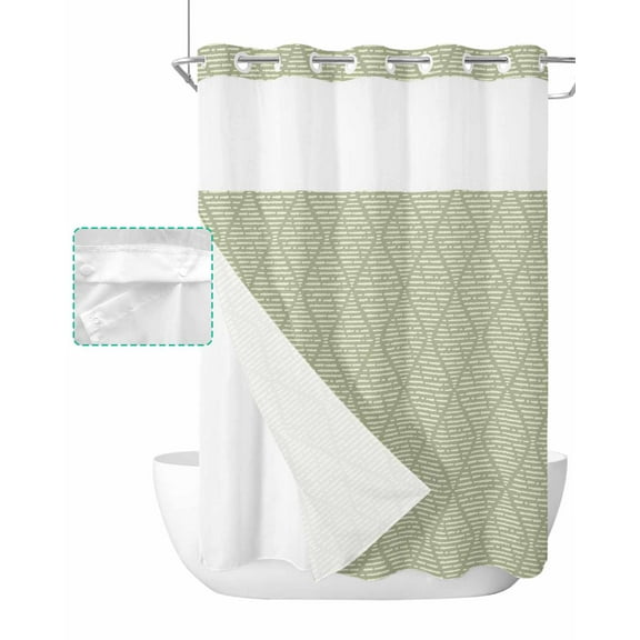 No Hook Shower Curtain with Snap in Liner, Sage Green Striped Geometric Hotel Shower Curtains for Bathroom, Washable Shower Curtain Liner Set with Mesh Top Window, 60"x72"