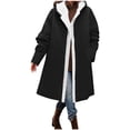 thumbnail image 5 of Women Windproof Hooded Mid-Length Coat,Fleece Lined Open Front Button Jacket,Oversized Loose Warm Solid Outerwear with Side Pockets, 5 of 6