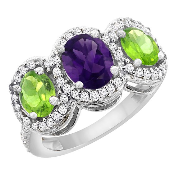 14K White Gold Natural Amethyst & Peridot 3-Stone Ring Oval Diamond Accent, size 6