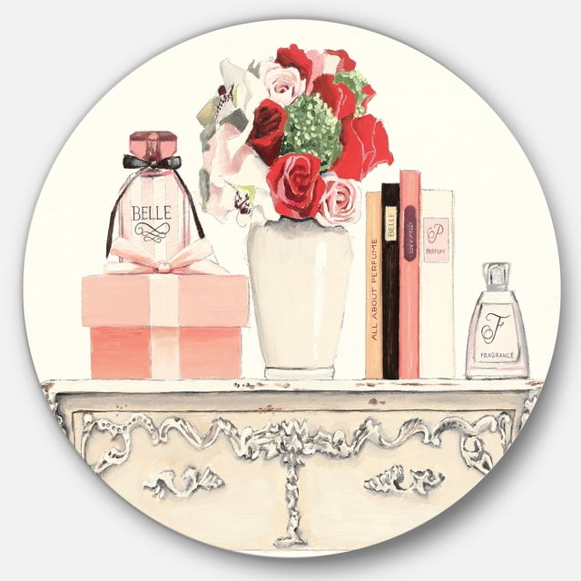 Designart 'Roses, Fragrance and Glamorous Belle Parfum' Glam Metal Circle Wall Art