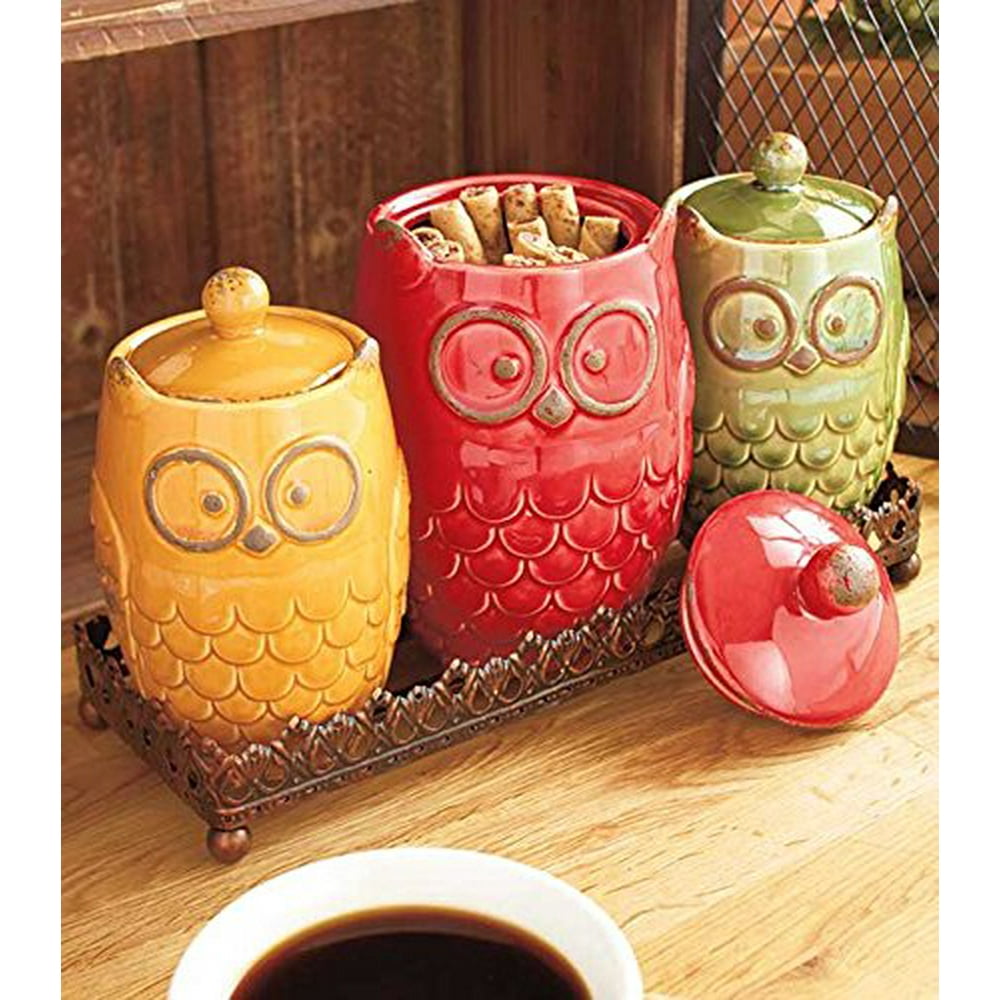 Owl Countertop Collection 4Pc. Canisters and Tray Set
