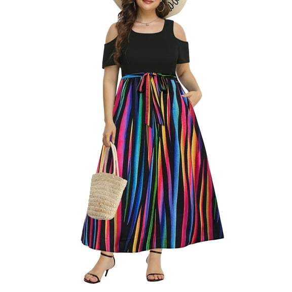 DYMADE Womens Plus Size Boho Maxi Dress - Striped Cold Shoulder Flowy Party Dress with Elastic Waist & Pockets | Elegant Belted Fit & Flare Dress for Beach, Wedding, Holiday