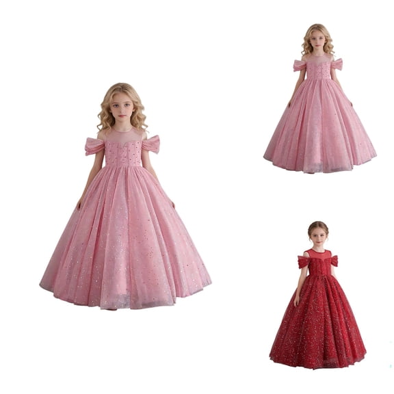 Off Shoulder Dress for Girls Party Gown with Ruffled Tulle Skirt, Sparkly Formal Evening Gown for Pageant, Wedding Flower Girl, Recital, and Performance