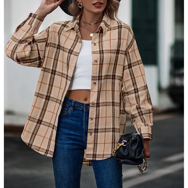 Camisa Suelta A Cuadros,Camisa Casual A Cuadros Para Mujer Camisa A Cuadros Informal Camisa De Solapa Para Mujer Creada Magistralmente