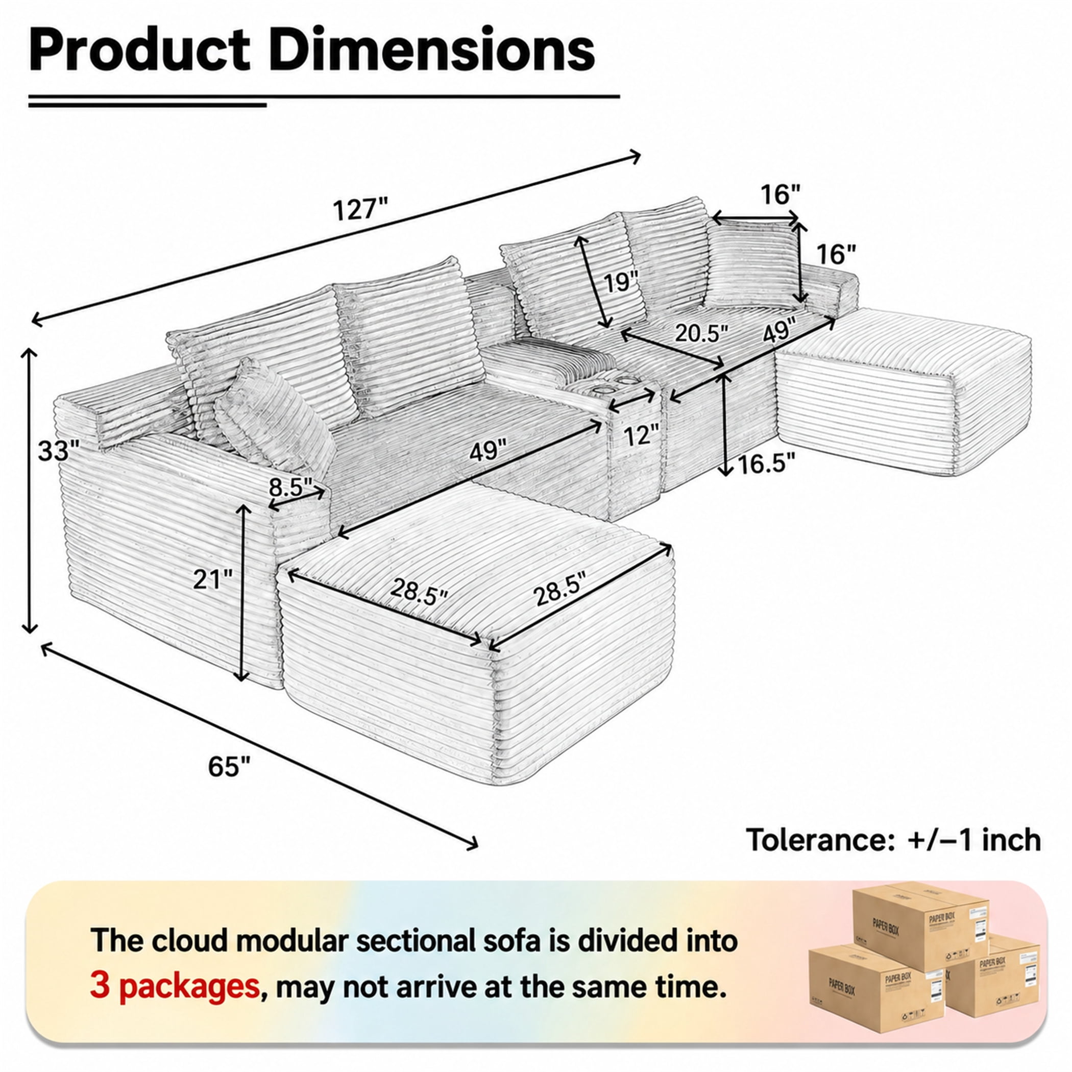 Aukfa 127" U Shaped Cloud Sectional Sofa Modular Boneless Couch with USB&Cupholdes Storage Console for Living Room, Corduroy, Brown