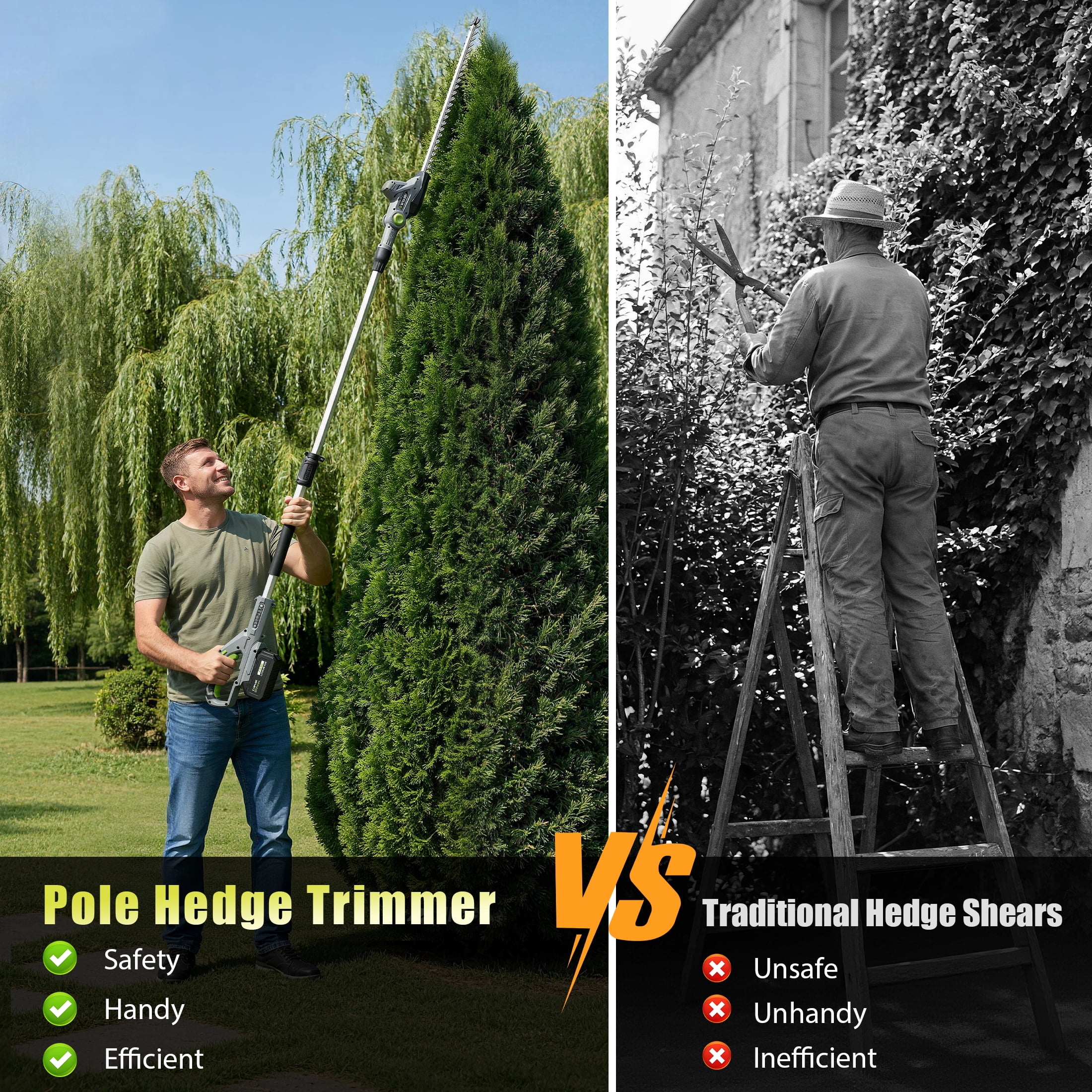 Vipuse Pole Hedge Trimmer Cordless, Electric Bush Trimmer Tool with 21" Dual-Action Blade, Detachable Telescoping Pole, 4.0Ah Battery, Powerful Branches Cutter for Tree & Shrubs Pruning