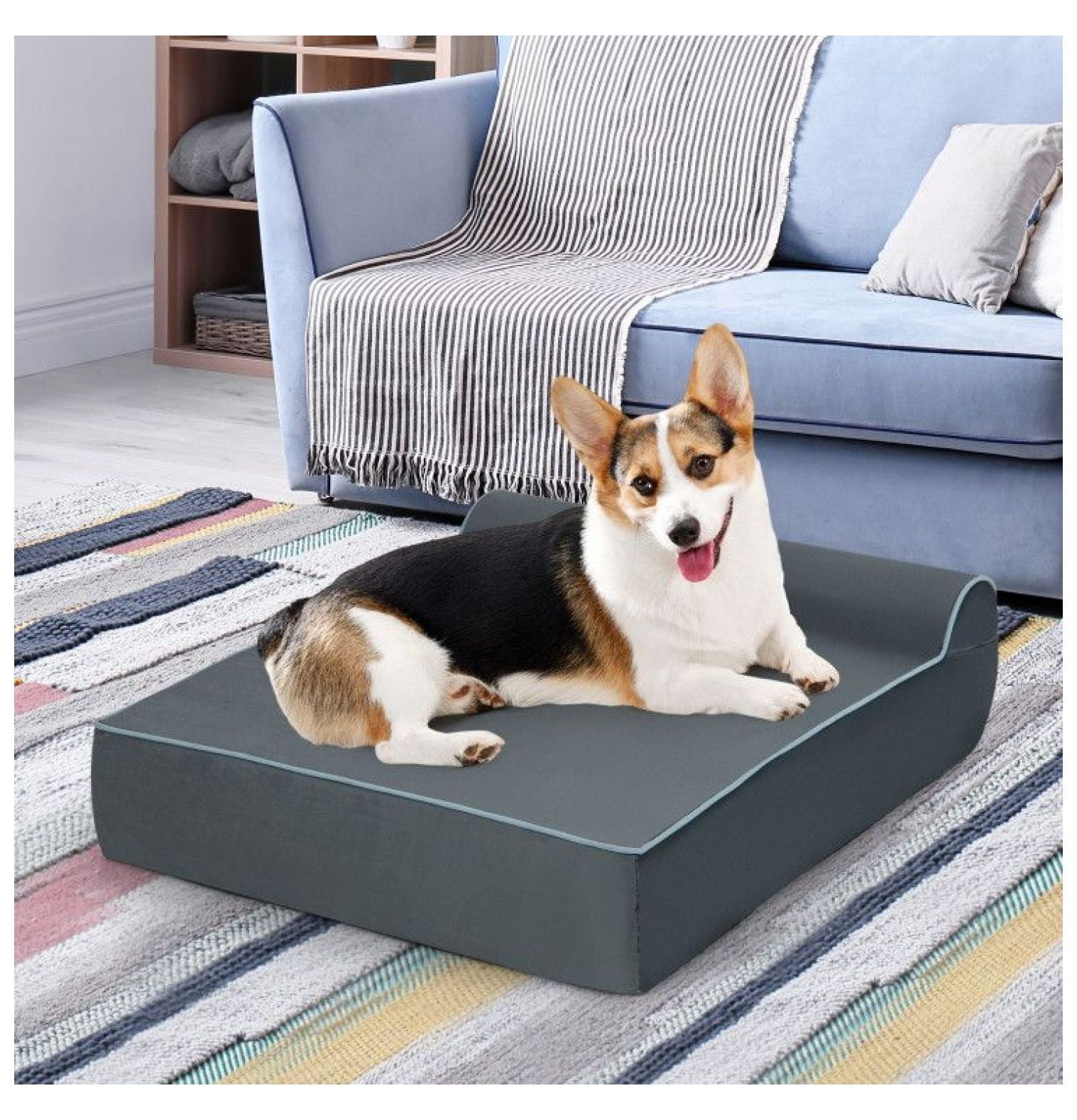 Orthopedic Dog Bed with Headrest - Graphene Memory Foam Large Dog Bed - Removable Washable Cover - Bolster Pillow for Joint Pain Relief & Support
