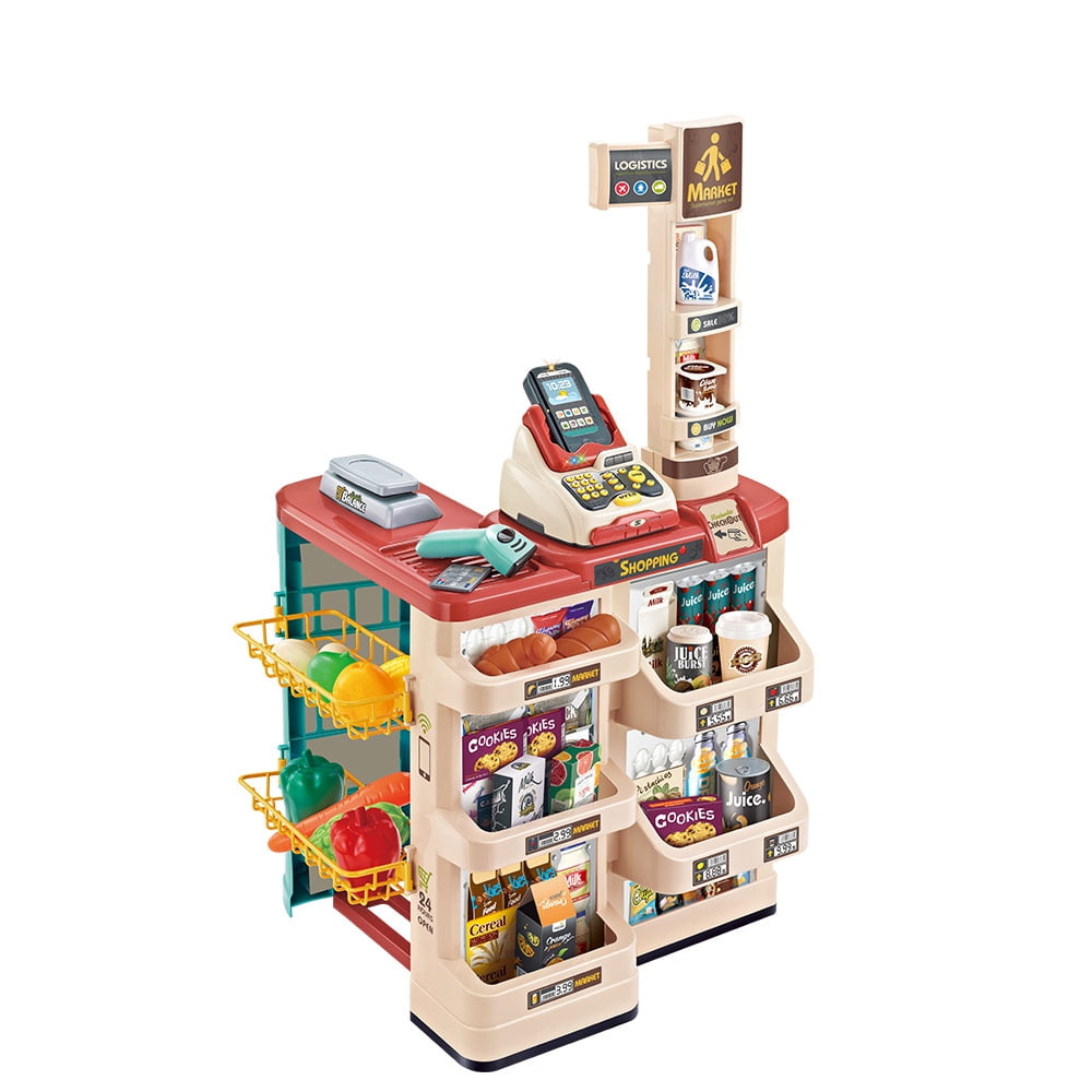 Shopping Grocery Play Store Simulation Supermarket Cash Register Toy,Supermarket Playset Birthday Gifts for Kids with Shopping Cart and Scanner Multicolour 