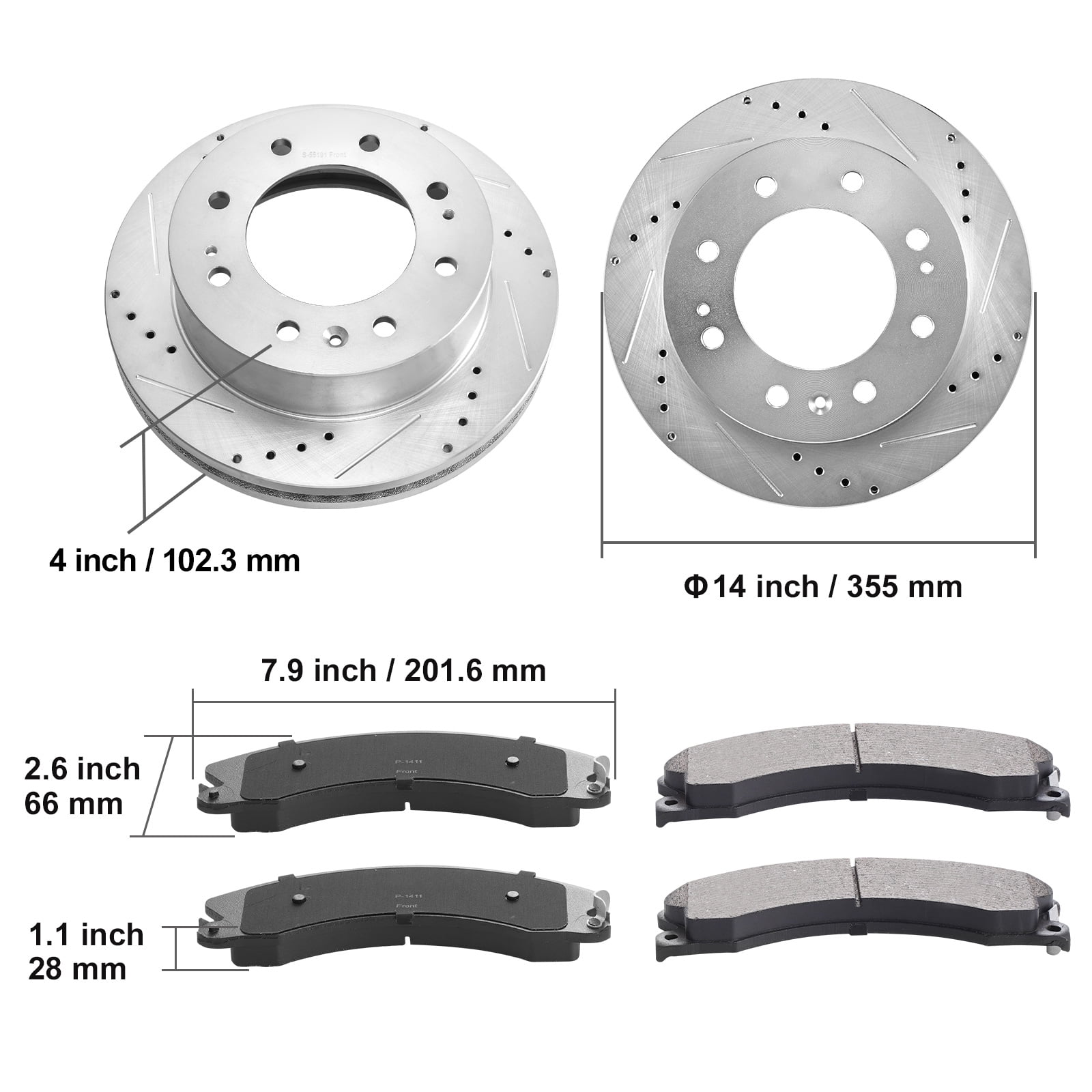 KFFKFF Front Brake Upgrade for 2011-2019 Chevy Silverado GMC Sierra 2500 3500 HD, Includes 14" Drilled & Slotted Rotors with Ceramic Pads, Enhances Braking Performance
