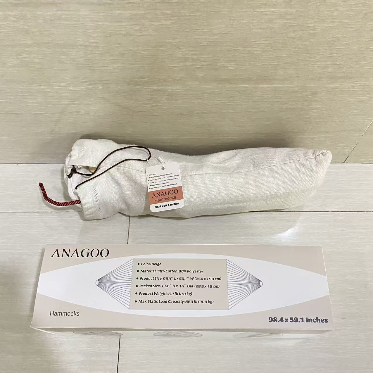 ANAGOO Hammocks,12ft Double Hammocks, Handwoven Traditional Cotton Rope Hammock with Hardwood Spreader Bar, Max 450 lbs Capacity (Beige, Full)