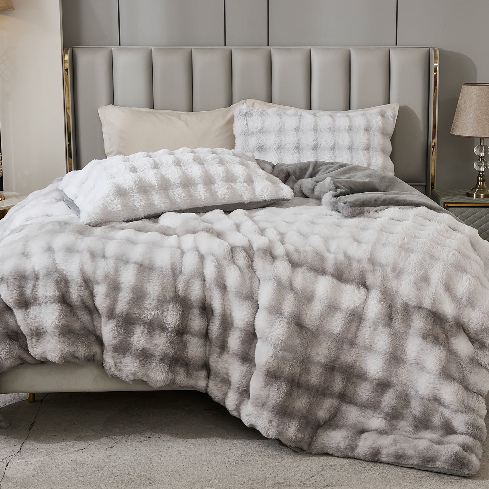 Plush Rabbit Faux Fur Comforter Set Queen/King Size Tie Dyed Fluffy Comforter Bed Set Luxury 3 Pieces Warm Shaggy Winter Comforter Queen Size Soft Bubble Bedding Comforter Set