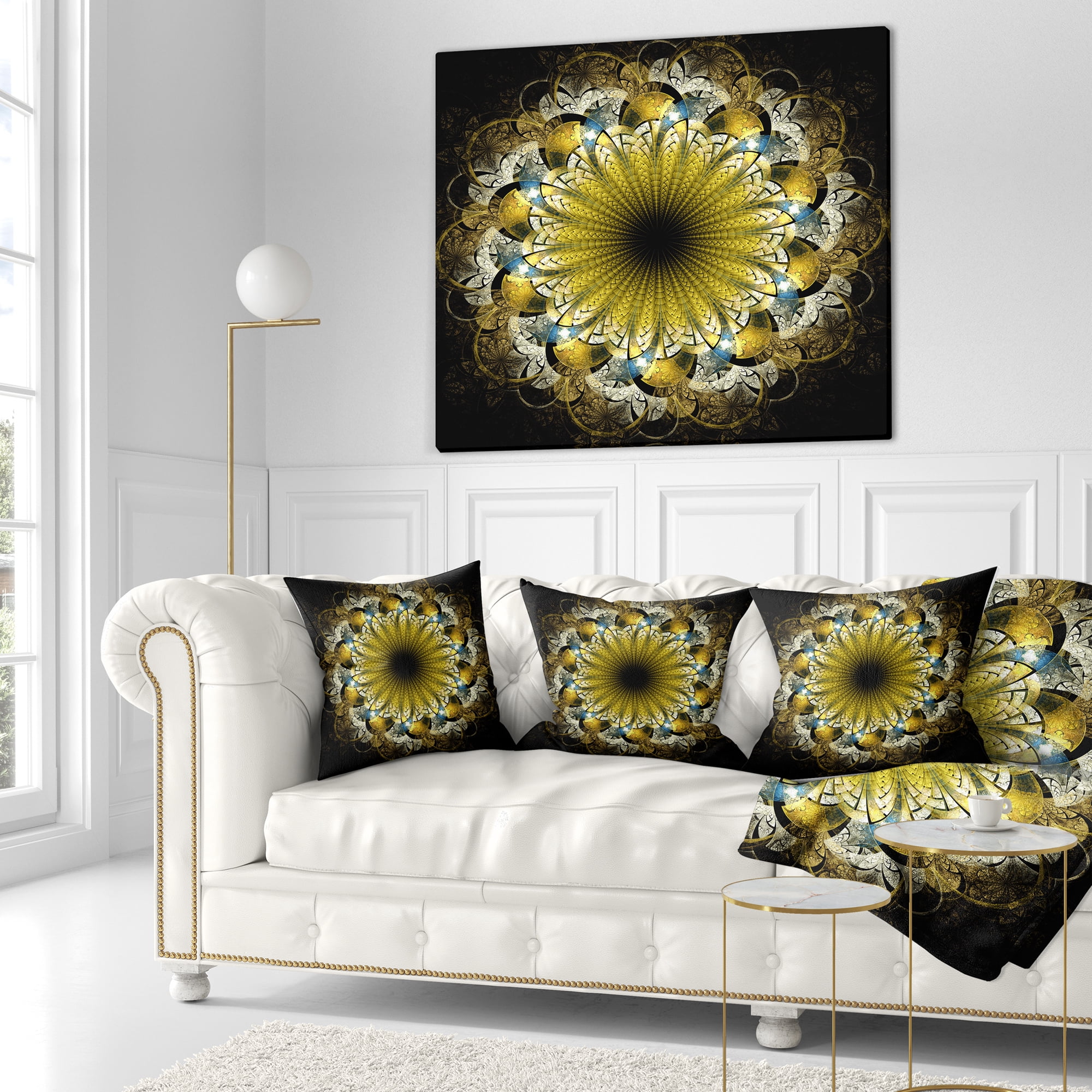 Designart Dark Yellow Fractal Flower - Abstract Throw Pillow - 16x16