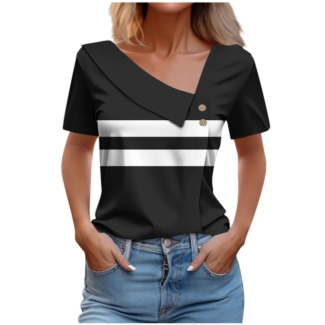 Camisetas de Manga Corta para Mujeres Casual, Camiseta con Botón Impreso a Damas para Diario, Espectáculo Y Fiesta