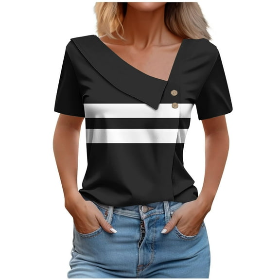 Charella Ladies Dressy Blouses V Neck Button Summer Trendy Striped Short Sleeve Tunic Tops Casual Loose Shirts Clothing (L, Black)