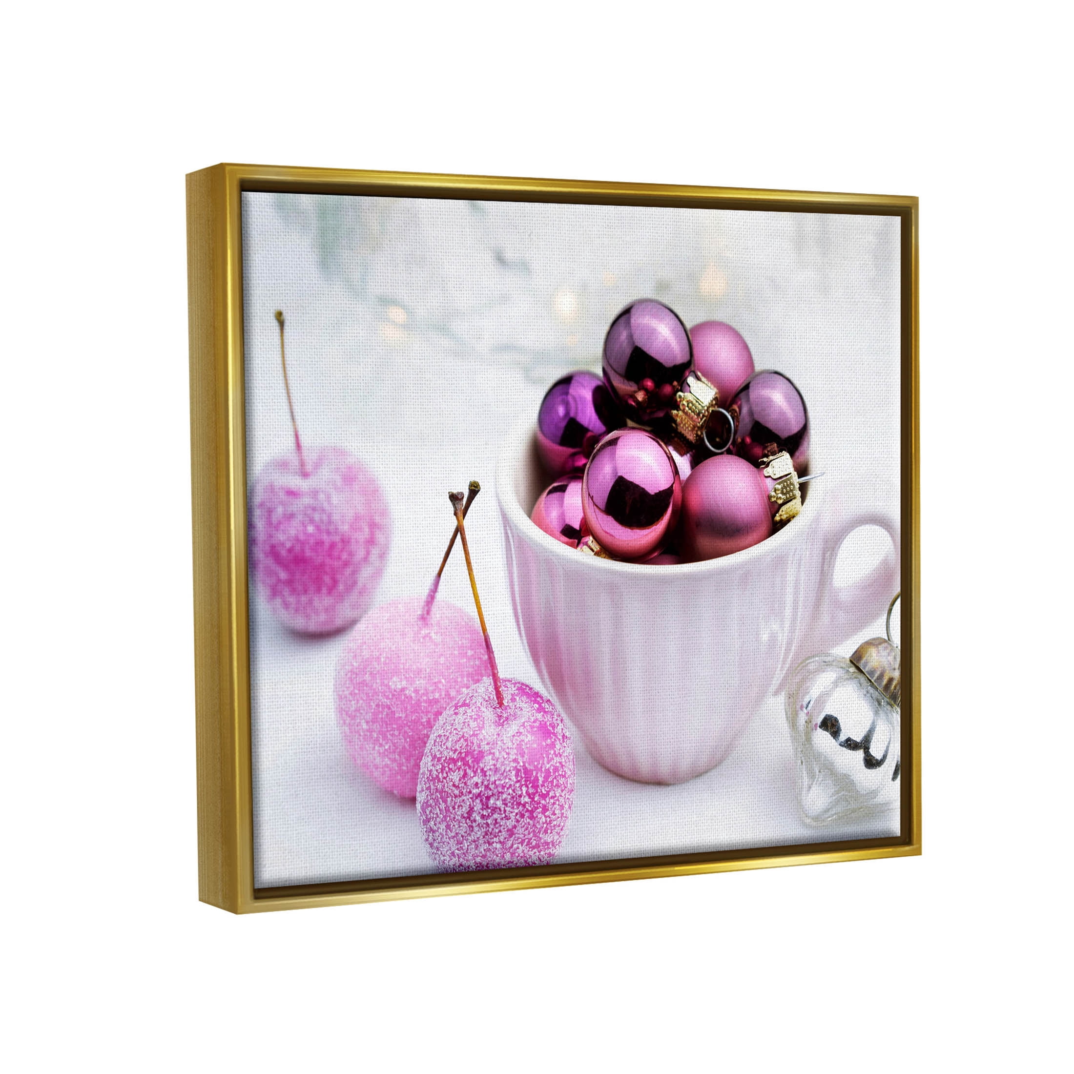 Glimmering Pink Christmas Ornaments Holiday Photograph Metallic Gold Framed Art Print Wall Art