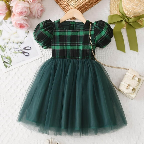 JUoaLXG Toddler Girls Casual Dresses Summer Short Sleeve Plaid Print Party Dance Party Dress Sportwear,Green,3-4 Years