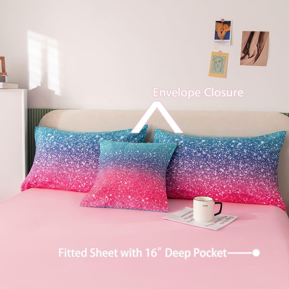 PERFEMET 6Pcs Pink Girls Queen Size Bedding Set Colorful Blue Pink Galaxy Star Kids Comfoter Set Ultra Soft Bed Set for All Season