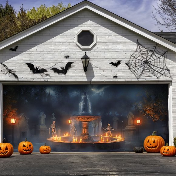 Bannière de Porte de Garage Halloween Grande Enseigne de Bienvenue Extérieure Fête de Vacances Festival Polyester Durable Résistant à la Décoloration Installation Facile Magasin Léger pour Extérieur de Garage